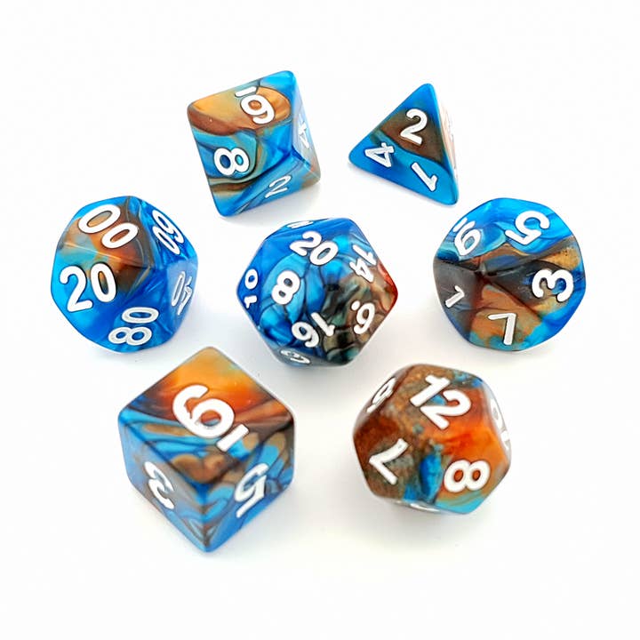 Tabletop Dominion Limited - Wholesale Dice - Caramel Azure | Acrylic Dice | 7 Piece Set