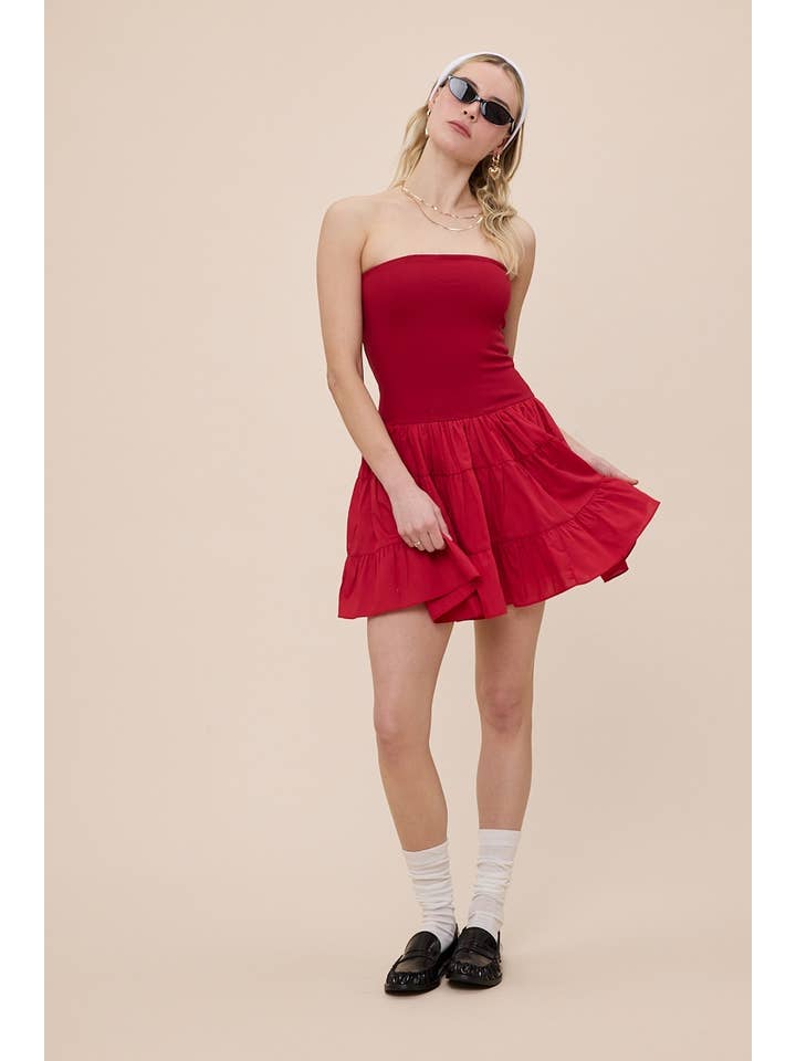 Sky to Moon - Wholesale Dress - Women's - SOLID COLOR DROP-WAIST TIERED TUBE MINI DRESS26