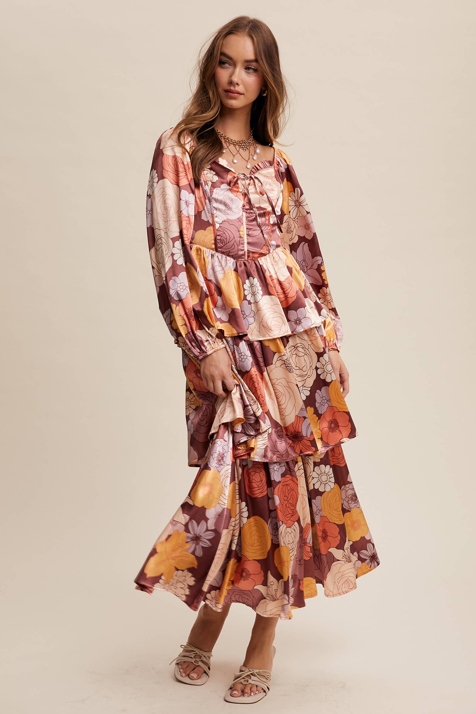 Listicle - Wholesale Dress - Women's - Floral Lace-Up Tiered Maxi Dress LD144815