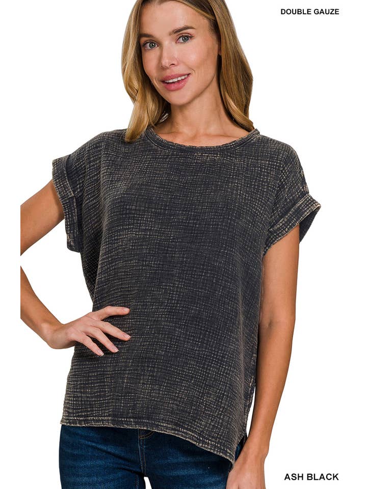 Vanilla Monkey - Wholesale Knit Top - Women's - Woven Double Gauze Acid Washed Short Sleeve Top