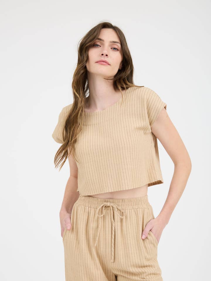 PINSTRIPE BACK BUTTON SHORT SLEEVE LINEN TOP for wholesale by Blu Pepper