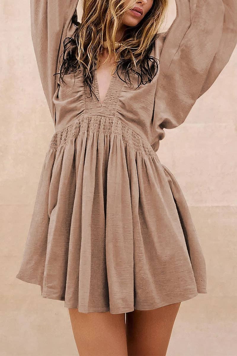 BRUN V-hals smocket minikjole med ballonærmer for engroshandel på Faire1