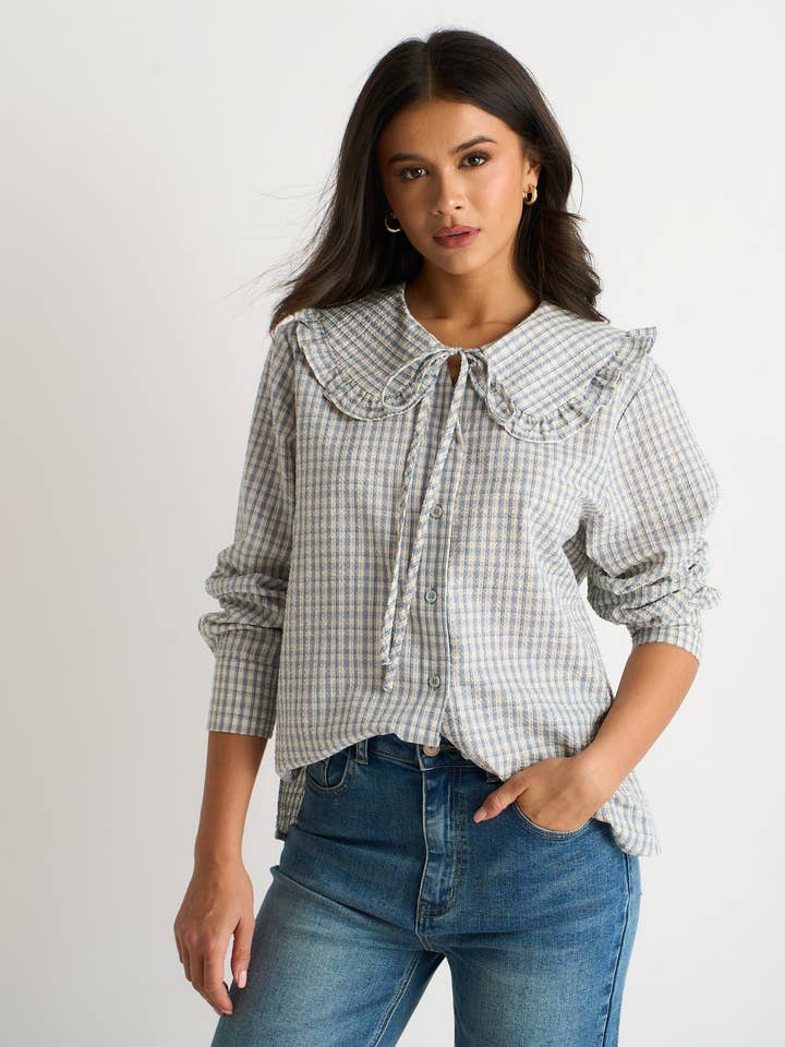Blue Gingham Textured Check Peter Pan Collared Shirt for wholesale by GINI LONDON