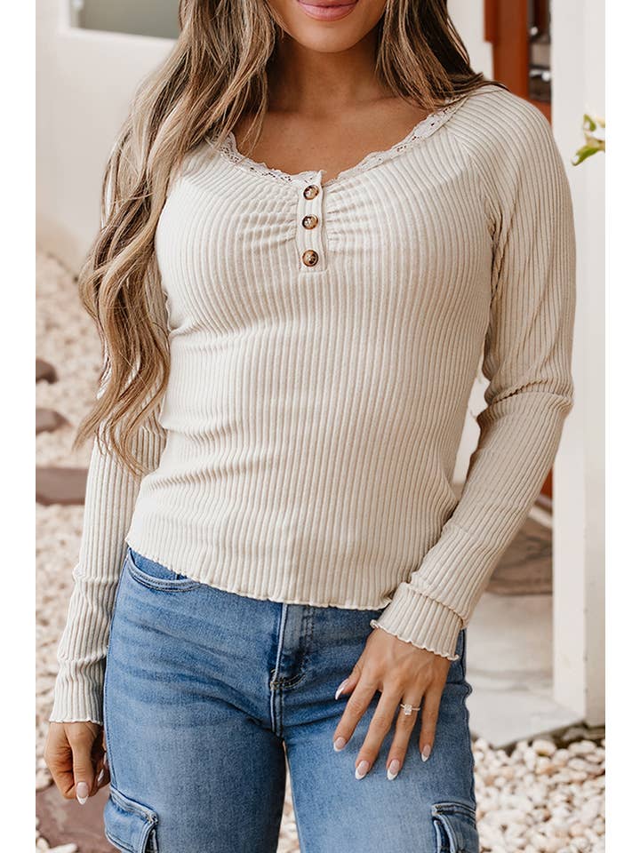 Little Daisy Closet - Wholesale Knit Top - Women's - LDC Lace U Neck Button Decor Lettuce Edge Ribbed Top3