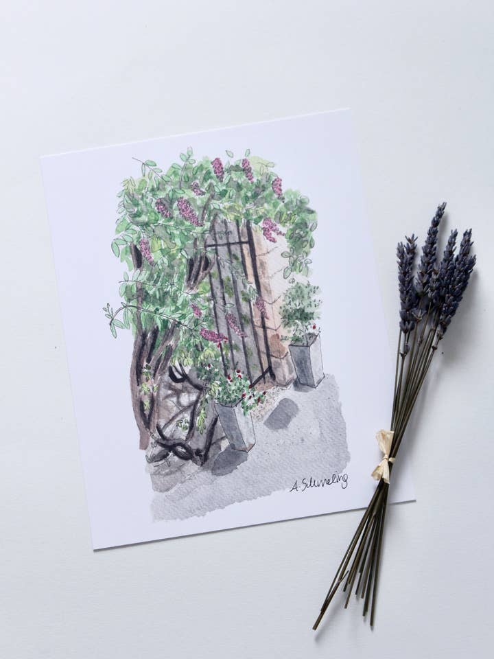 Wisteria Gate Print, Garden watercolor painting for wholesale by Alexandra Schmeling Fine Art