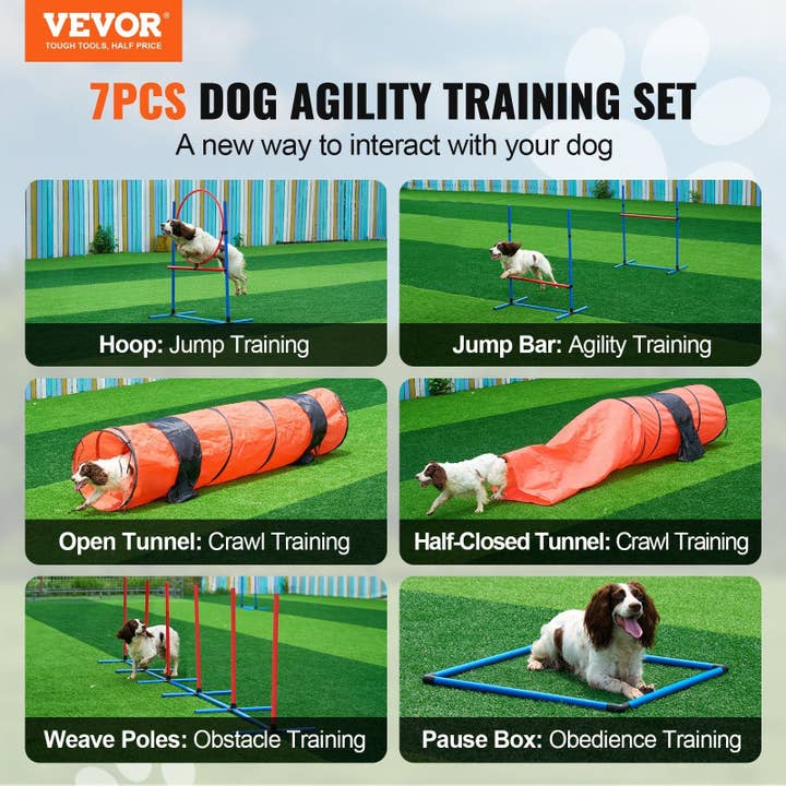 Hard Rock Health Stores – Engroshandel Legetøj - Hund – Hund Agility Træningsudstyr 7 stk. Sæt Opgraderet m/ Forhindringer 2 Tunneler Ring