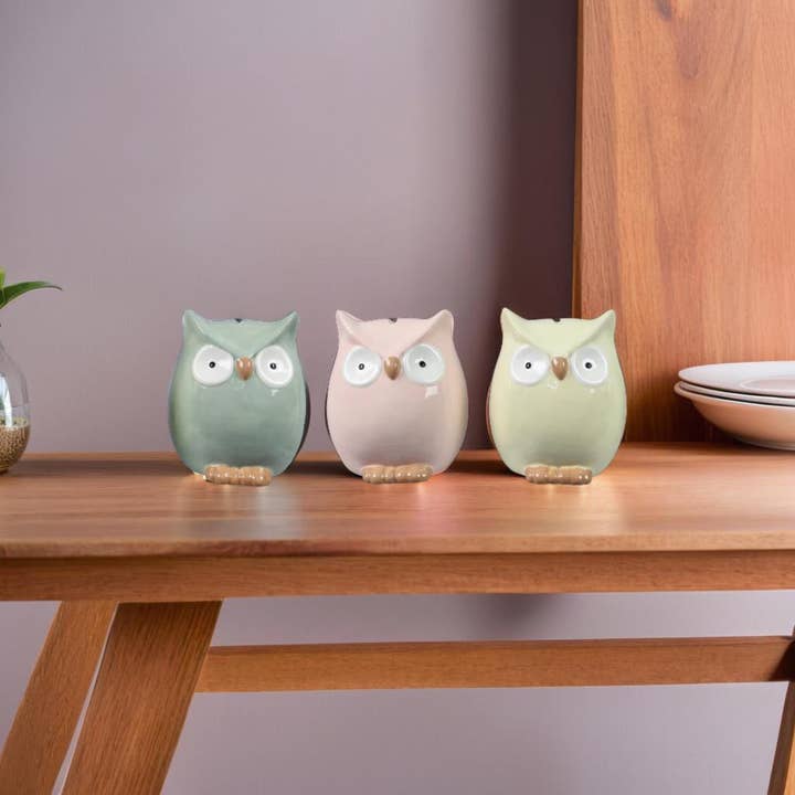 Young's - Wholesale Money/Piggy Bank - Ceramic Owl Coin Bank, 3 Ast. (SKU#: 14011)