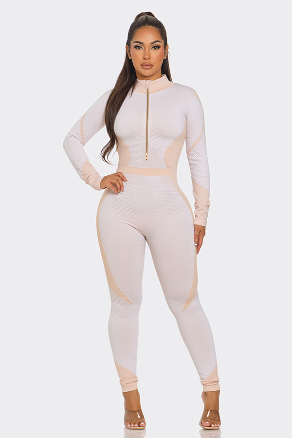 Lime All the Time - Wholesale Jumpsuit - Women's - Waffle Half Zip 2 Tone Bodycon Jumpsuit4