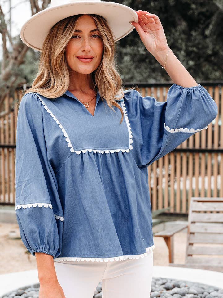 Dusk Blue Lace Ric Rac 3/4 Puff Sleeve Collared Babydoll Blouse for wholesale by Sweet Lover Fashion