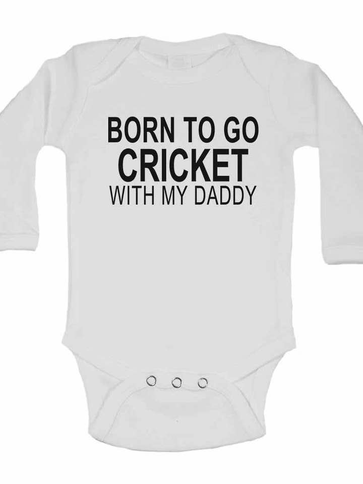 Born to Go Cricket with My Daddy - Long Sleeve Baby Vests for Boys & Girls for wholesale by Little Ratbag