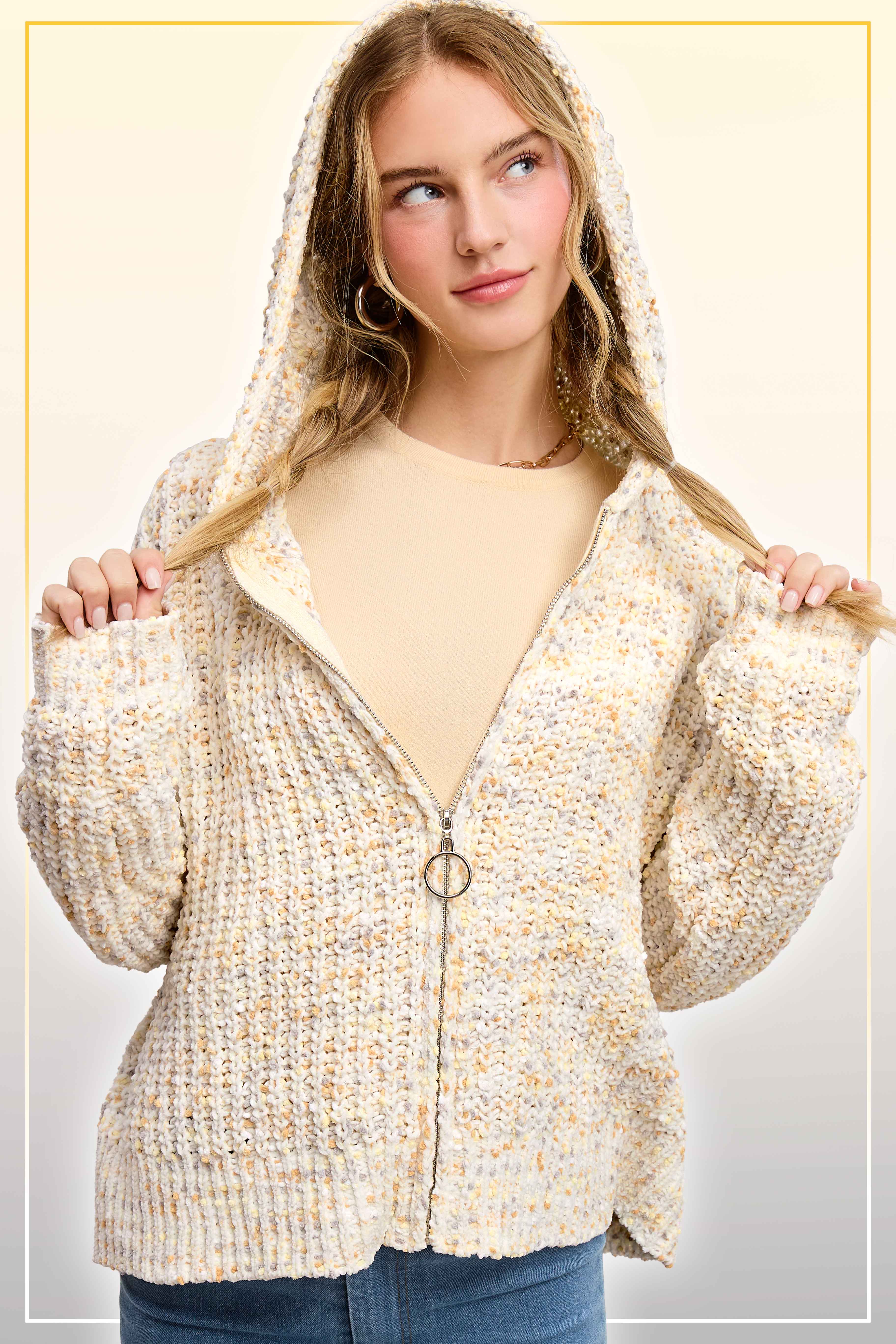 La Miel - Wholesale Hoodie - Women's - JCS3569-Multi Color Confetti Zip-Up Hoodie Sweater5