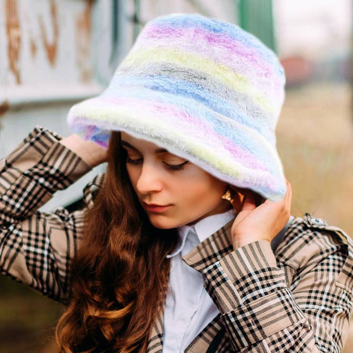 Sensibling Corp. - Wholesale Bucket Hat - Women's - Rainbow Faux Fur Bucket Hat2