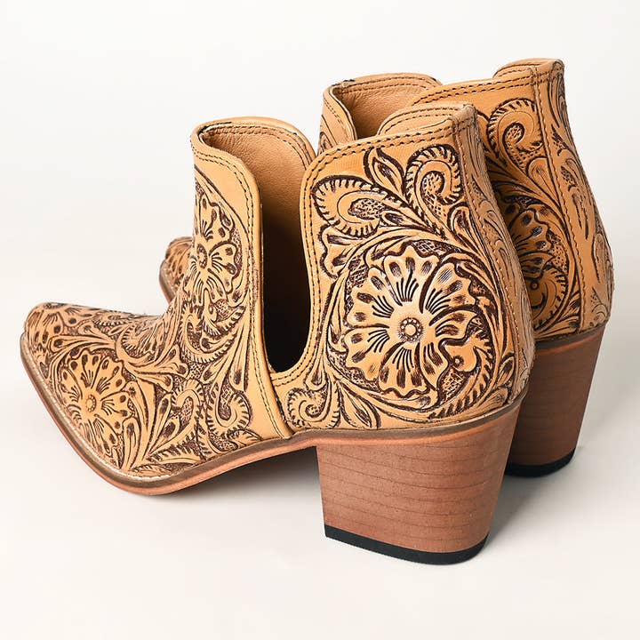 LS Western - Wholesale Cowboy Boots - Women's - LC-ADFT165 Women's Tan Tooled Leather Western Ankle Boots - American Darling Cowgirl Booties1