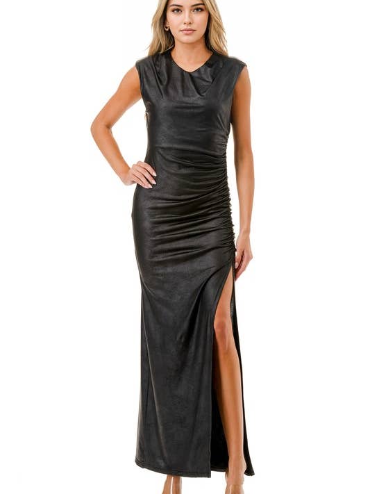 Gerimpelde midi-jurk met split voor wholesale door Ariella USA