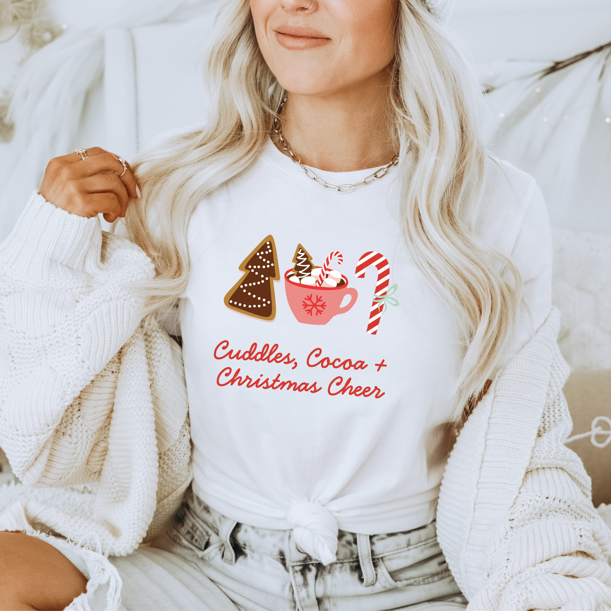 White  Cuddles Cocoa and Christmas Cheer T-Shirt for wholesale on Faire1