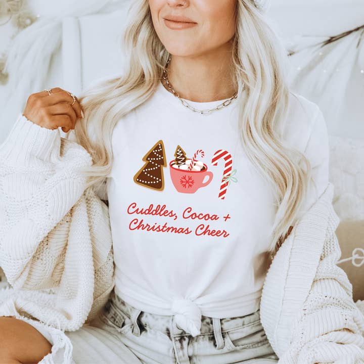White Cuddles Cocoa and Christmas Cheer T-Shirt for wholesale on Faire1