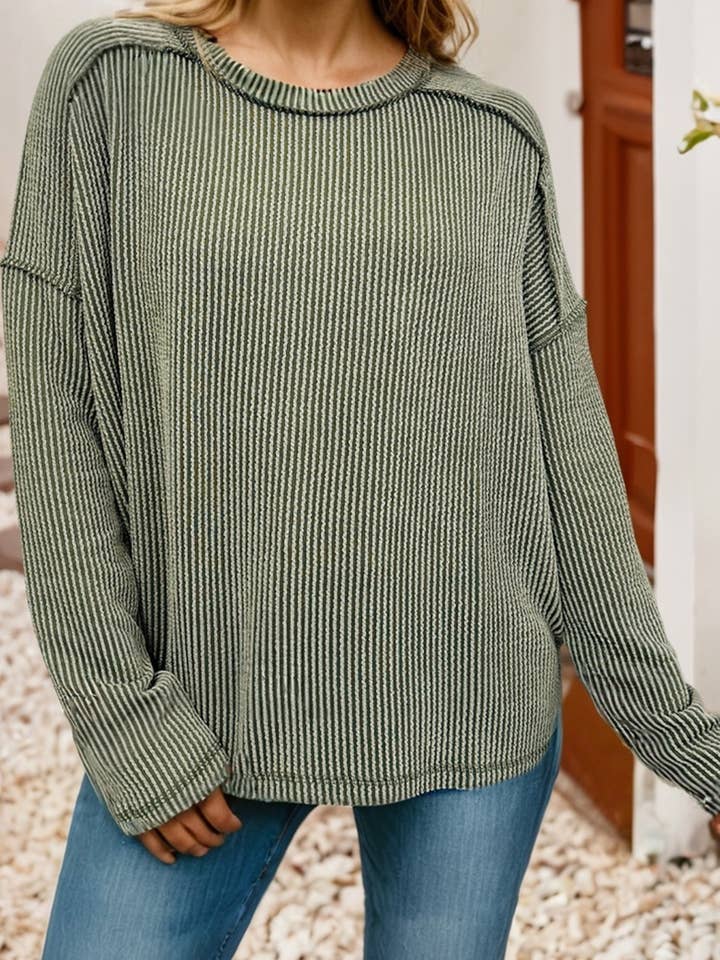 LDC Twisted Rib Exposed Seam Detail Long Sleeve Loose Top for wholesale by Little Daisy Closet