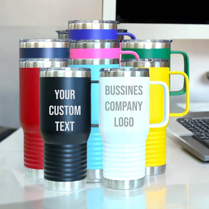 Personalized Custom Business Logo Tumbler with Handle Travel Mug, Laser Engraved Tumbler for wholesale by ArtPaperWonders