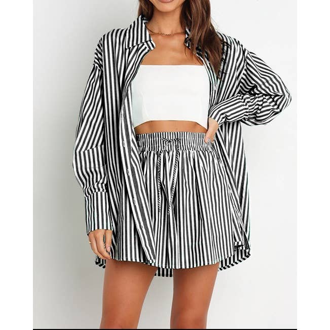 Mapcie - Wholesale Top & Pant Set (NOT Loungewear) - Women's - Striped Oversized Shirt and Drawstring Shorts Set15