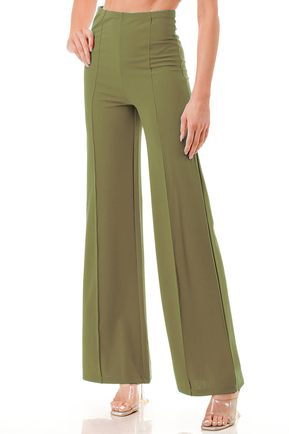 Color 5 - Wholesale Pants - Women's - Solid color wide leg high waist dressy pants with trim line16