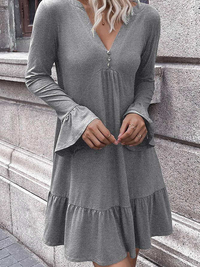 Long Sleeve V Neck Plain Ruffle Dress YBL017 for wholesale by UNISHE