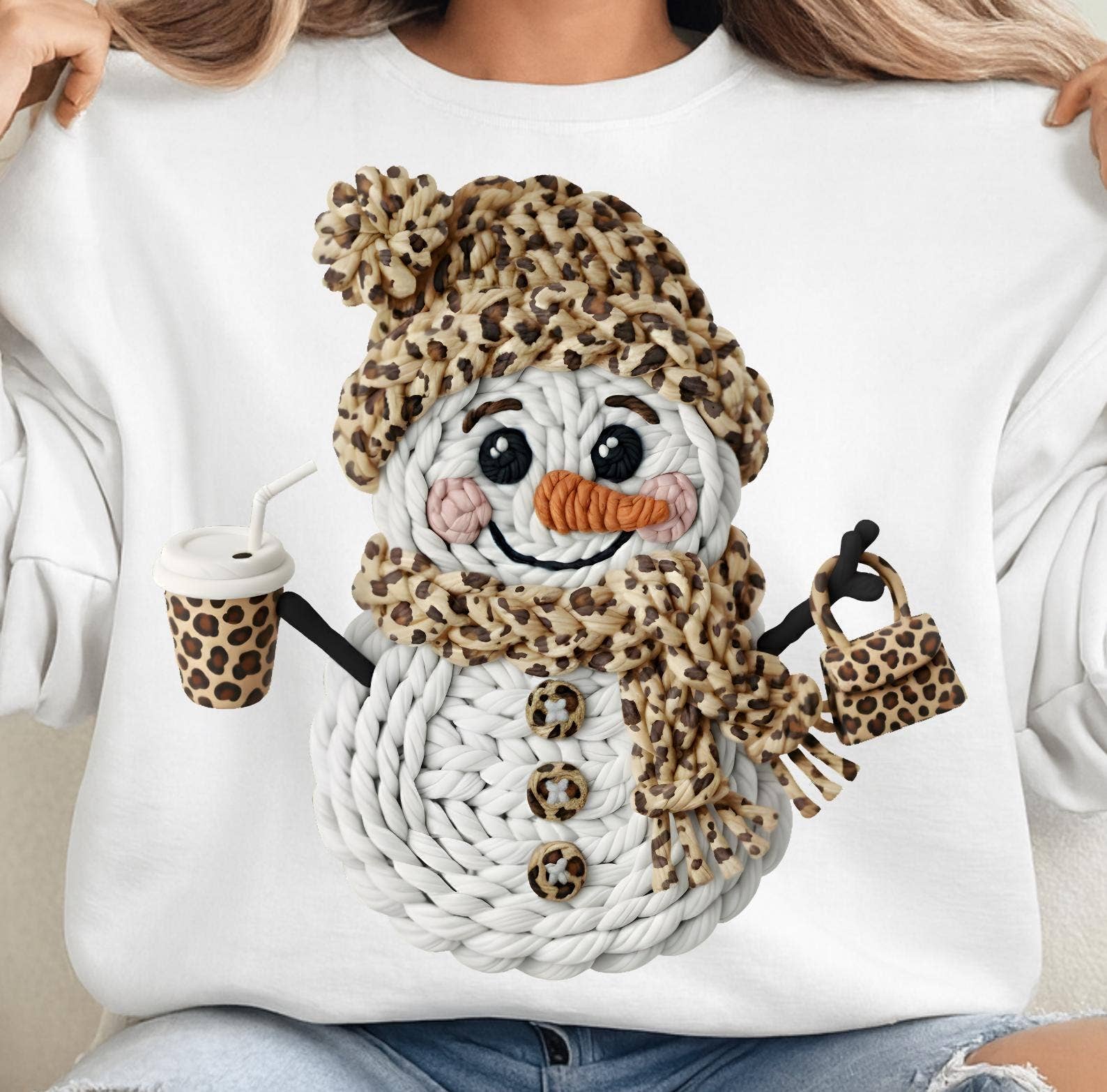 DLT Ecommerce - Wholesale T-Shirt (Graphic) - Women's - Faux Yarn Crochet Snowman Shirt, Leopard Christmas Sweater7