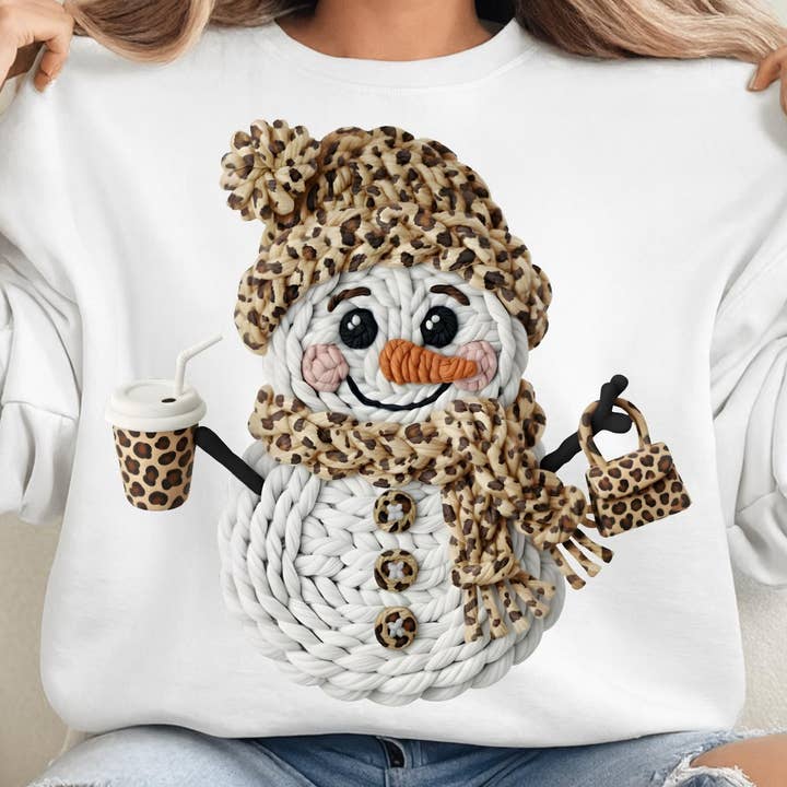 DLT Ecommerce - Wholesale T-Shirt (Graphic) - Women's - Faux Yarn Crochet Snowman Shirt, Leopard Christmas Sweater7