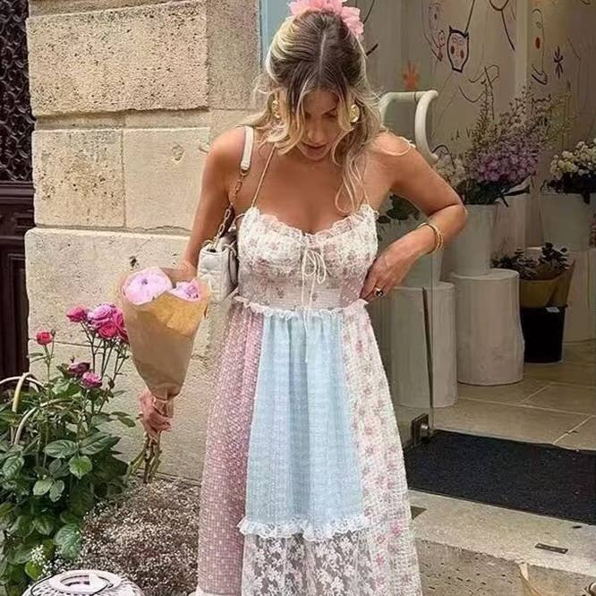 Floral sheer mesh lace patchwork halter maxi flare dress for wholesale on Faire