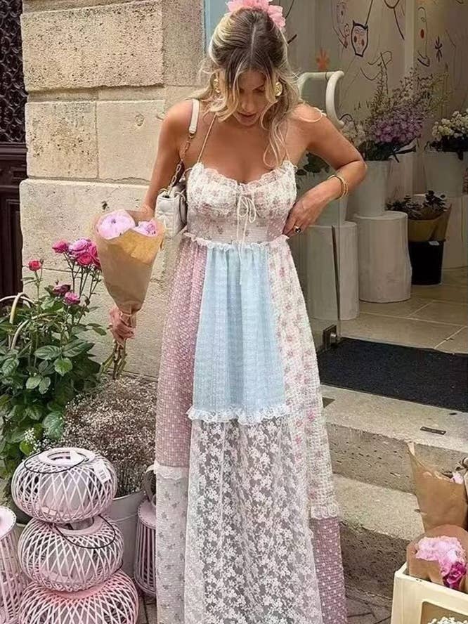 Floral sheer mesh lace patchwork halter maxi flare dress for wholesale by Rosa Clothing