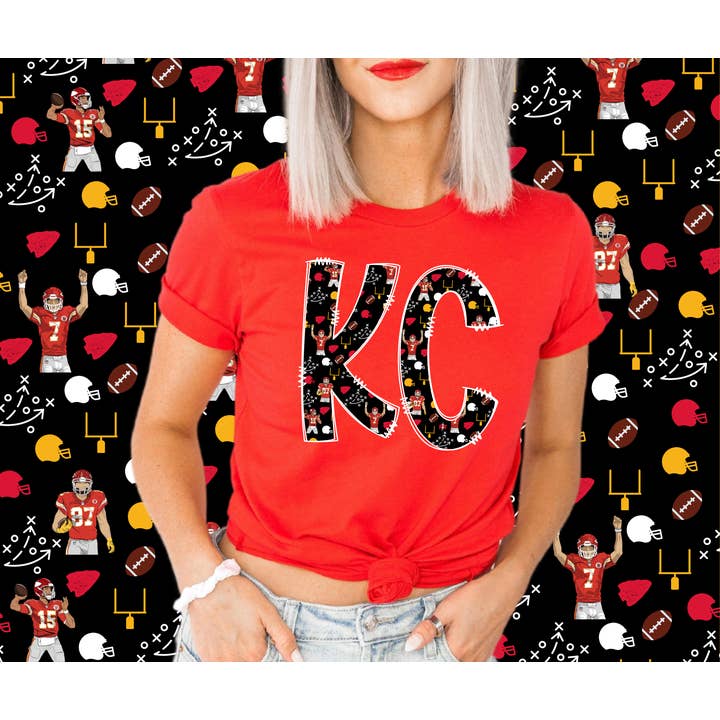 Mahomes, Kelce, Butker Pattern Doodle KC Letters Red Graphic TShirt for wholesale by The Red Rival Wholesale