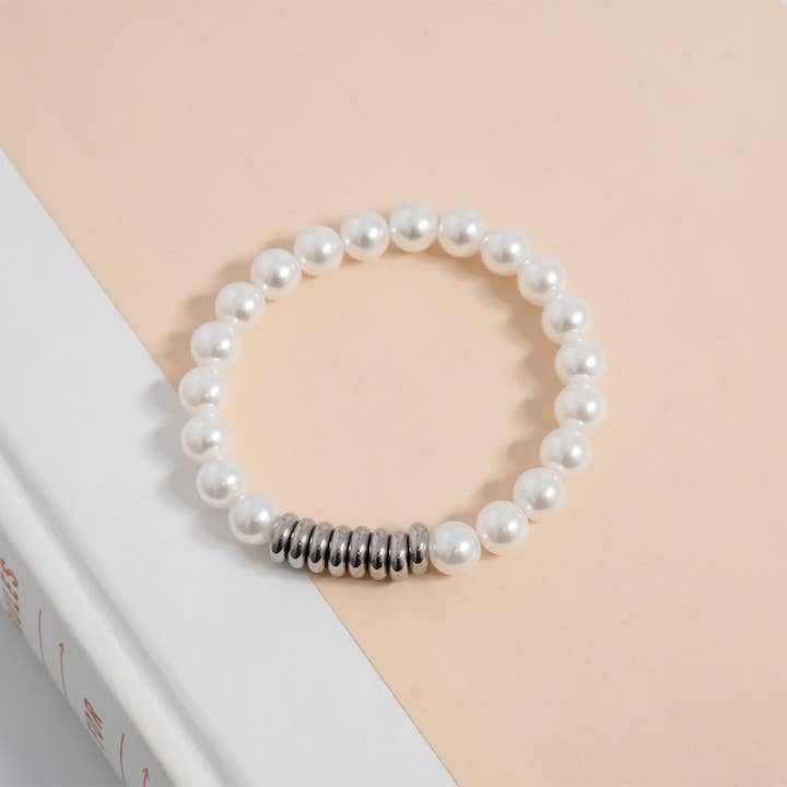 WJW - Wholesale Beaded bracelet - 18K Gold PVD 8mm Kiska Glass Pearl Stretch Bracelet14