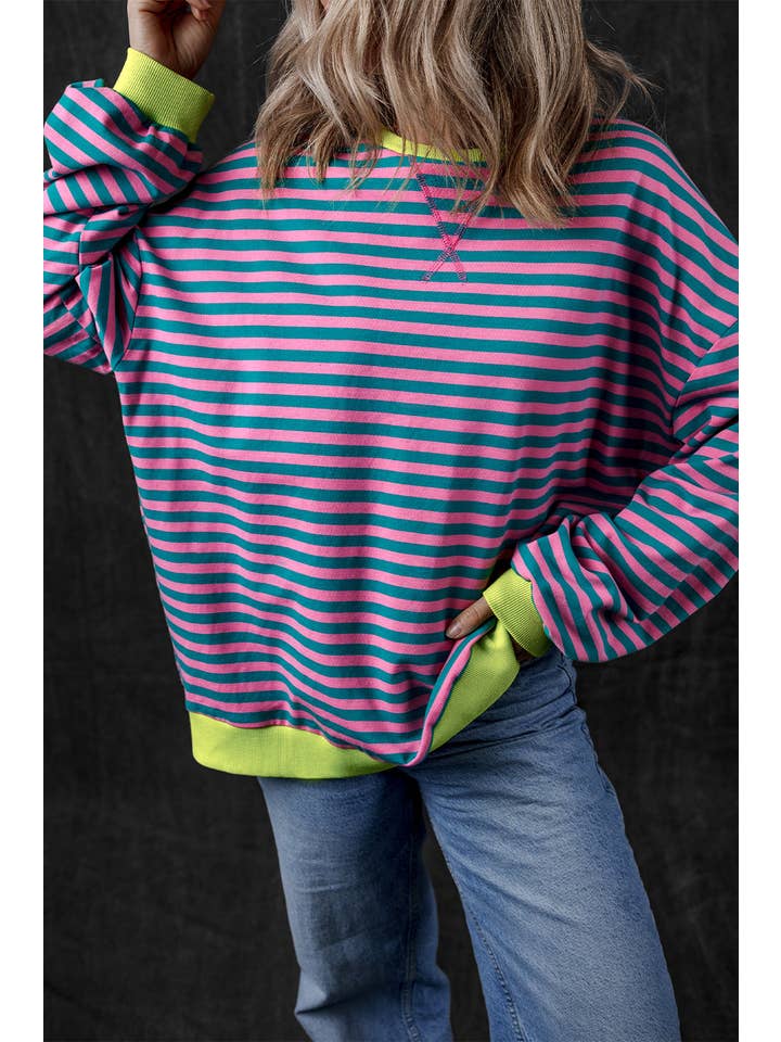 Amaryllis Apparel - Wholesale Sweatshirt - Women's - Stripe Oversized Contrast Trim Pullover Sweatshirt37