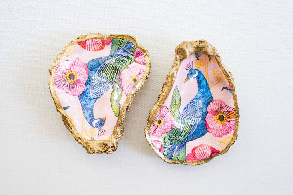 Grit and Grace Studio - Vente Plateaux à bijoux - Plat à bijoux en forme d'huître à découper : paon1