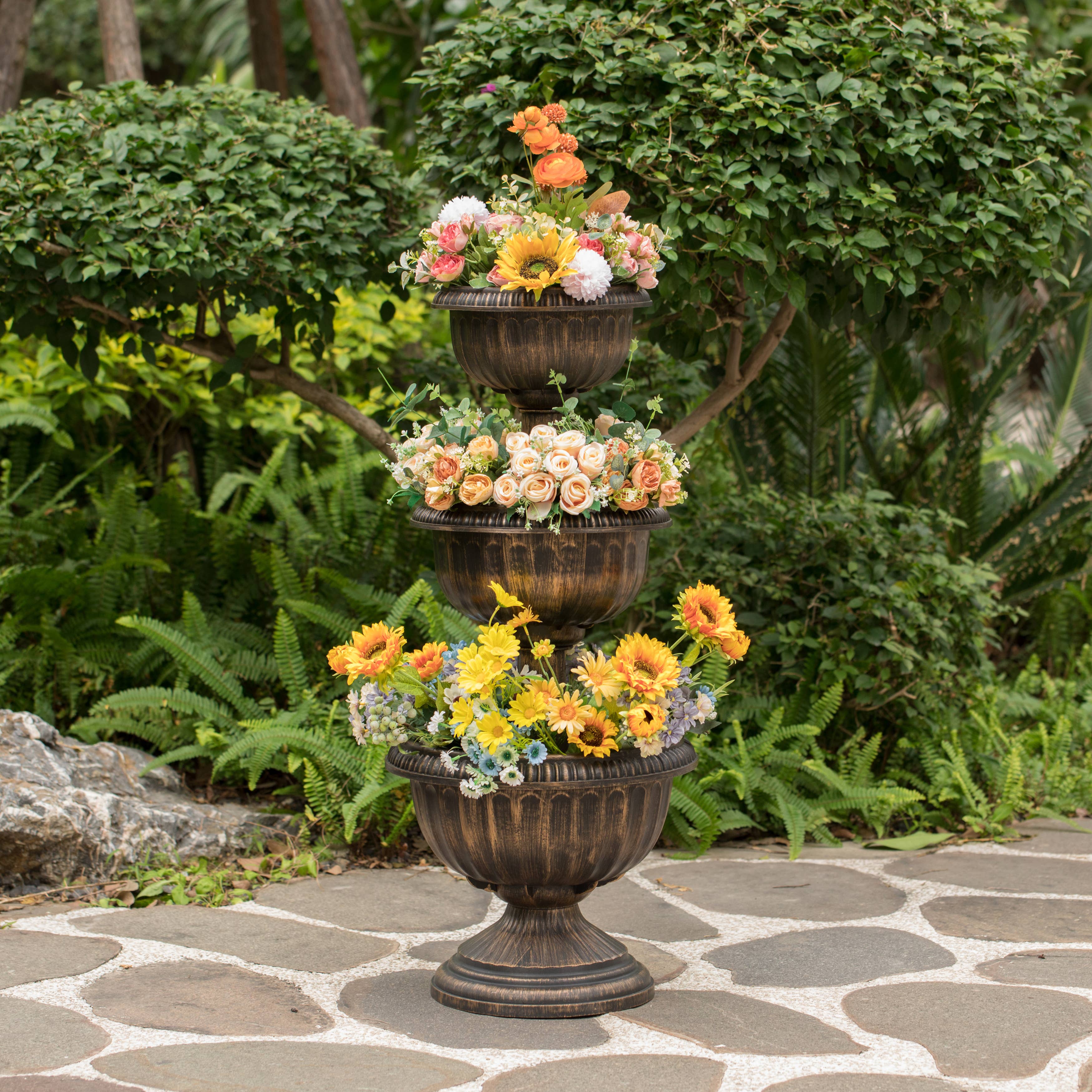 Quickway Imports - Wholesale Plant Pot - Outdoor Garden Triple Stacked Flower Bowl Urn Tier Planter D2