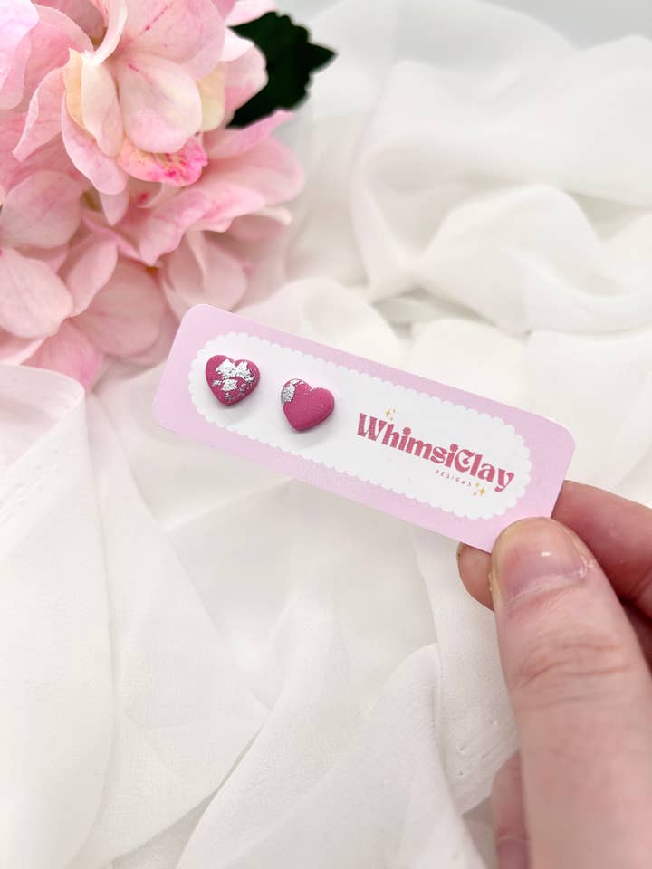 Pink and Silver Heart Studs for wholesale by Whimsically Designs
