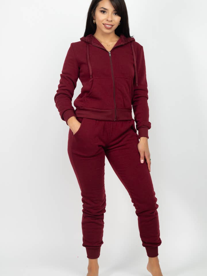 2BFREE FLEECE ZIP UP FUR TRIM HOOD SWEATSUIT for wholesale by GQ WEAR INC