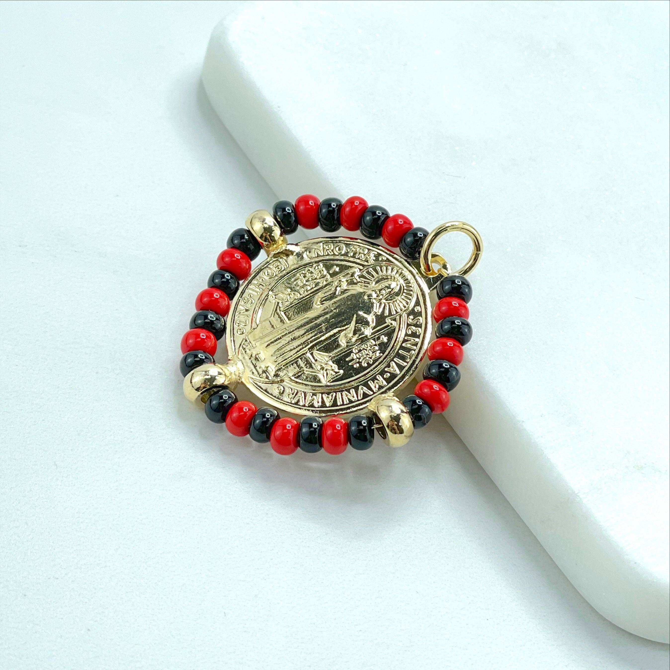 DIJU Jewelry - Wholesale  - 18k Gold Filled San Benito Coin, Black & Red Beads, 2 Sided Round Pendant Charms, Reversible San Benito, Wholesale Jewelry Making Supplies6