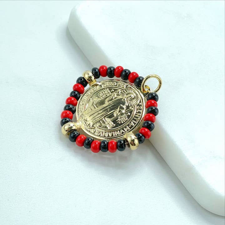 DIJU Jewelry - Wholesale - 18k Gold Filled San Benito Coin, Black & Red Beads, 2 Sided Round Pendant Charms, Reversible San Benito, Wholesale Jewelry Making Supplies6
