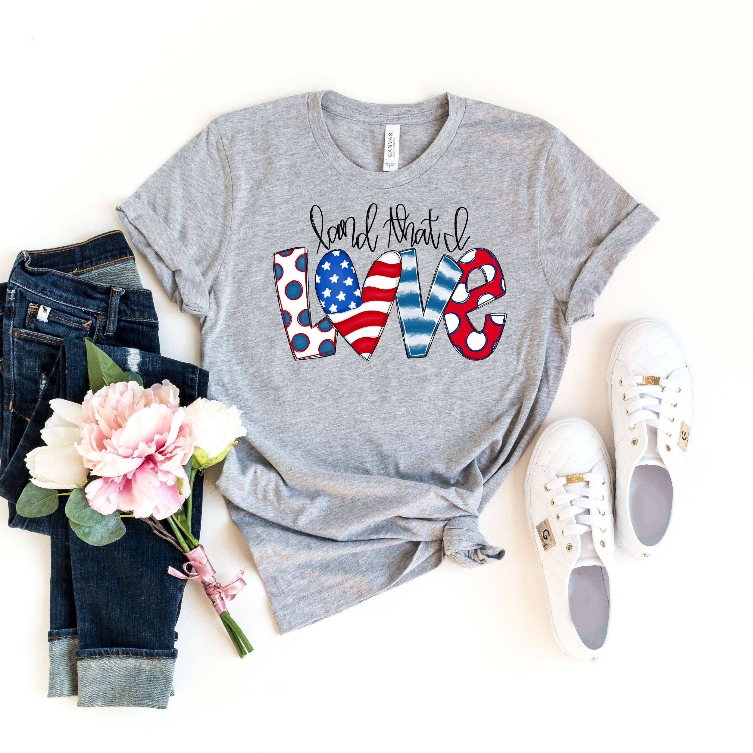 Simply Tees - Wholesale Screen Printed T-Shirt - Women's - Land That I Love America Gray Tee0