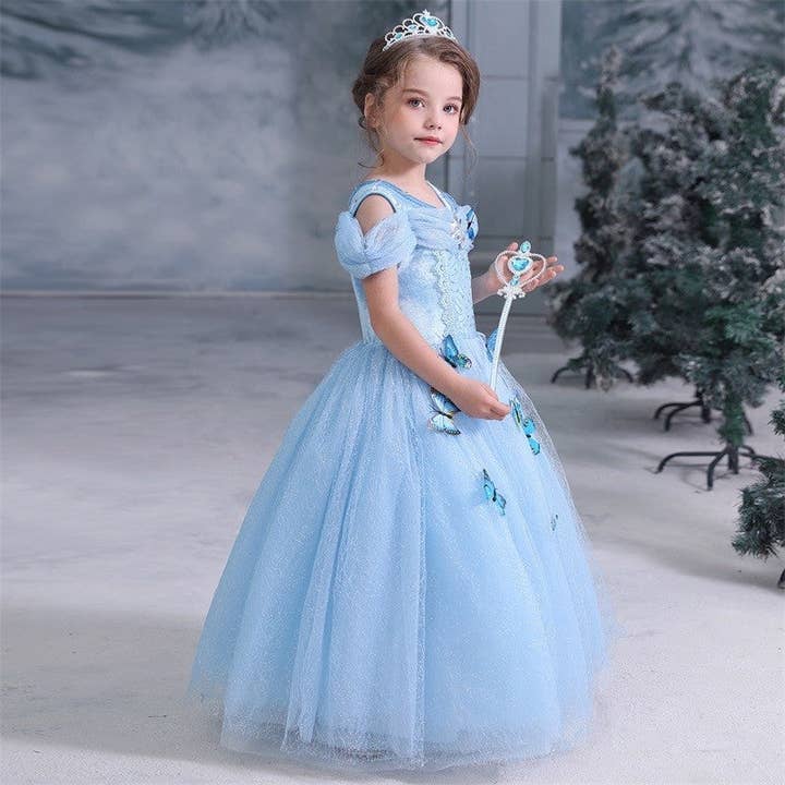 BLUE Solid Color Cinderella Girl's Puff Dress for wholesale on Faire3