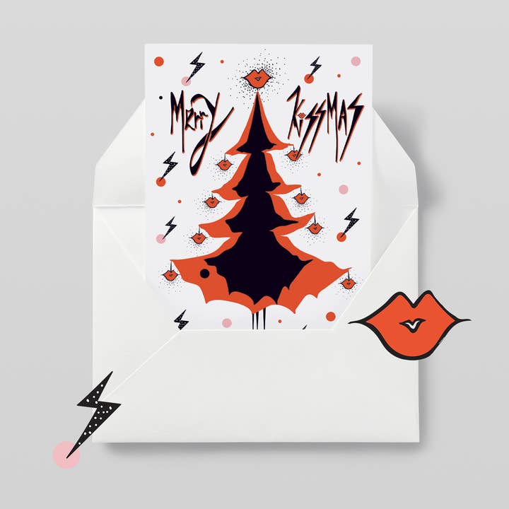 "Fröhliche Kussnacht" - Illustrierte Weihnachtskarte - Rot für den Großhandel von Kiki Gunn