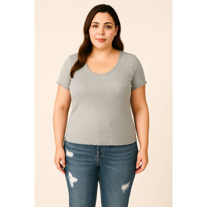 TOP DE MANGA CORTA CON ESCOTE REDONDO Y ENCAJE EN EL BORDE DE LECHUGA ACANALADA para venta al por mayor de Pinkbloom