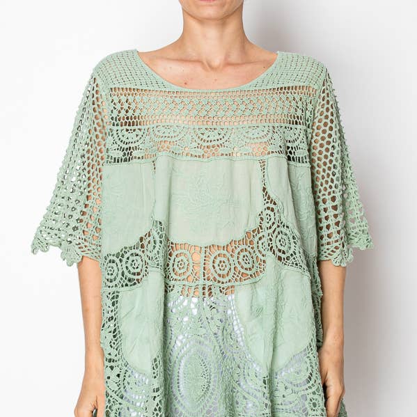 Boho Flowy Textured Lace Crochet Tunic Top - 4516SAGE for wholesale by Origami Apparel ~ Lace and Crochet inspired