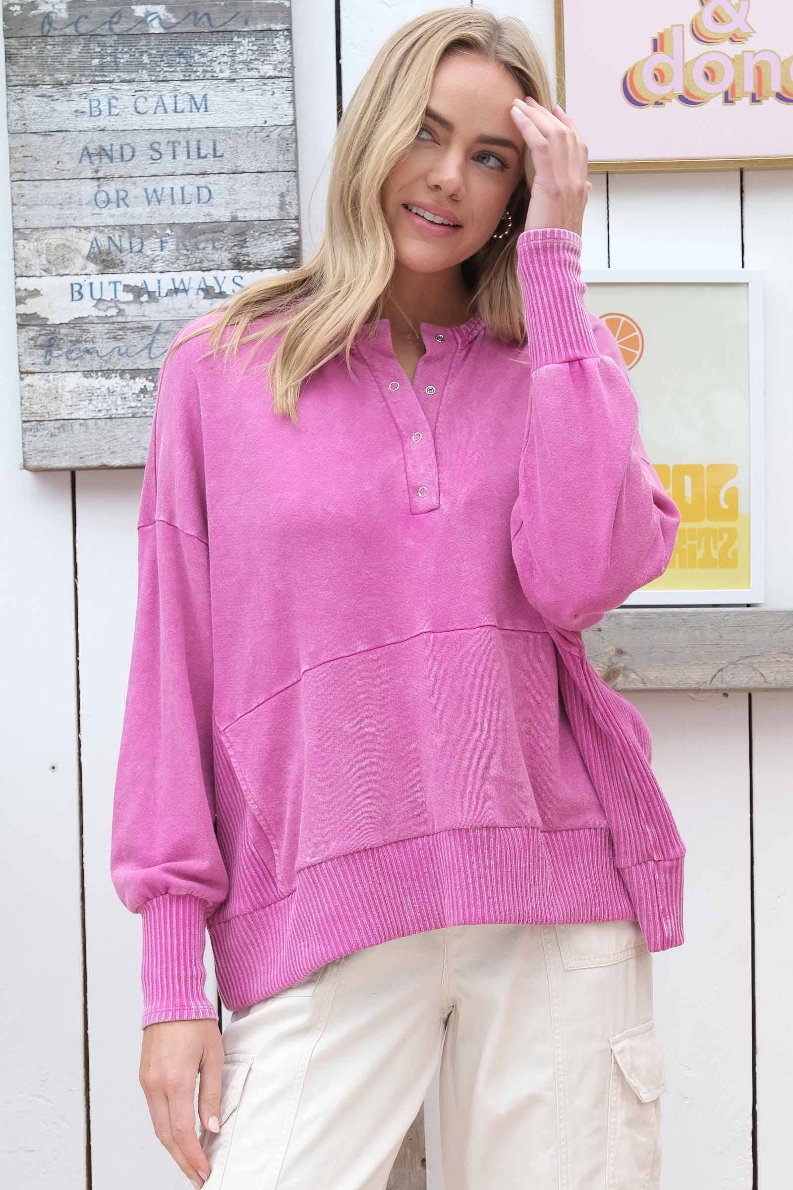 Magenta Plus Garment-dyed oversized top with a front pocket-PLT9681 for wholesale on Faire3