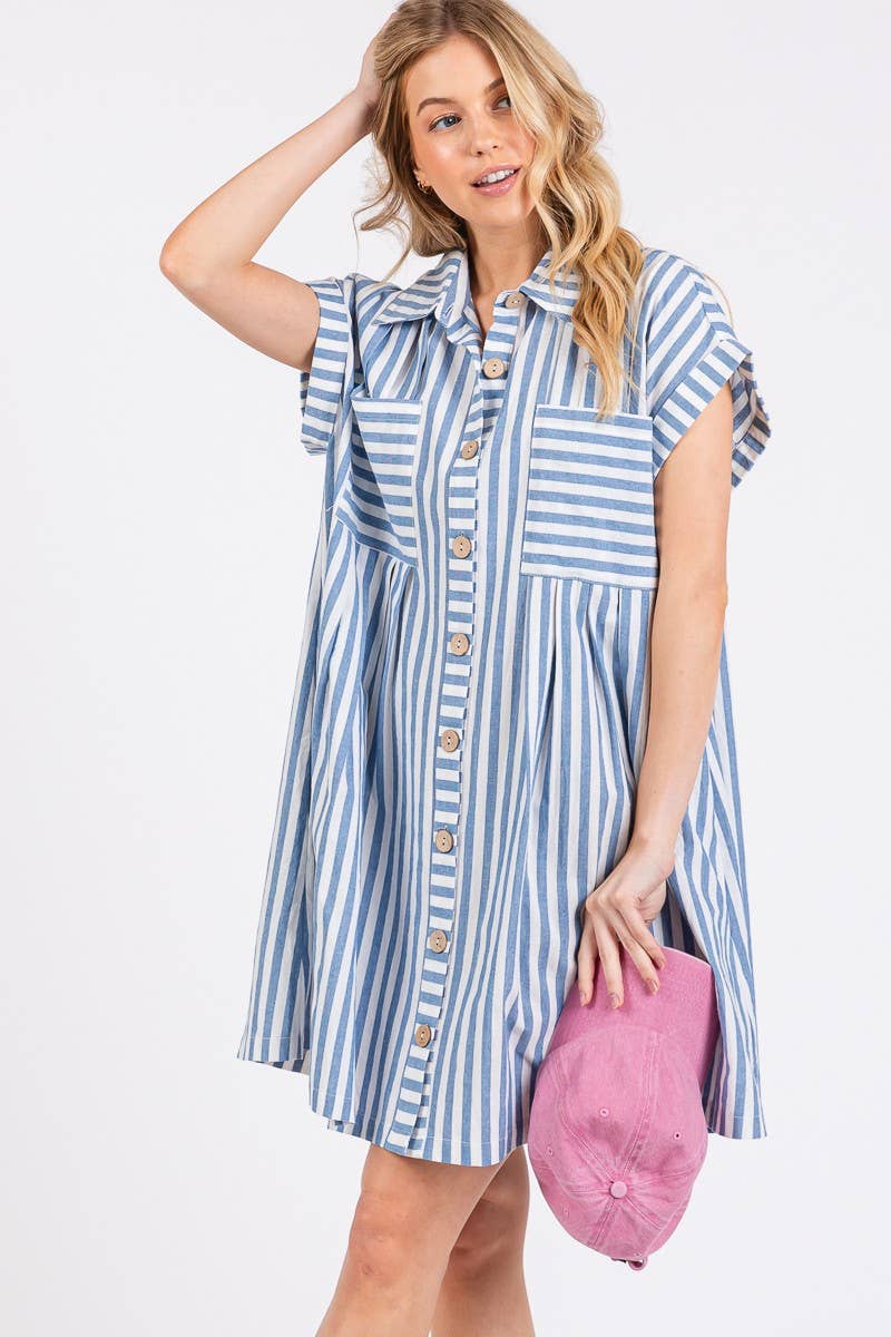 Sewn and Seen - Vente Robe – femme - ROBE TUNIQUE À RAYURES EN COTON AVEC BOUTONS11