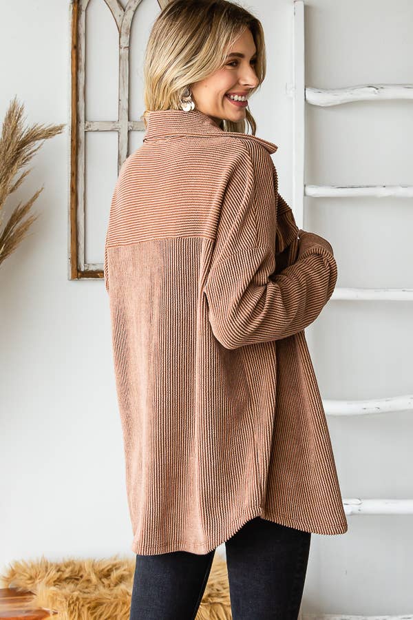 7th Ray - Wholesale Button Down Shirt - Women's - Rib Drop Shoulder Patch Pockets Button Down Shacket T48061