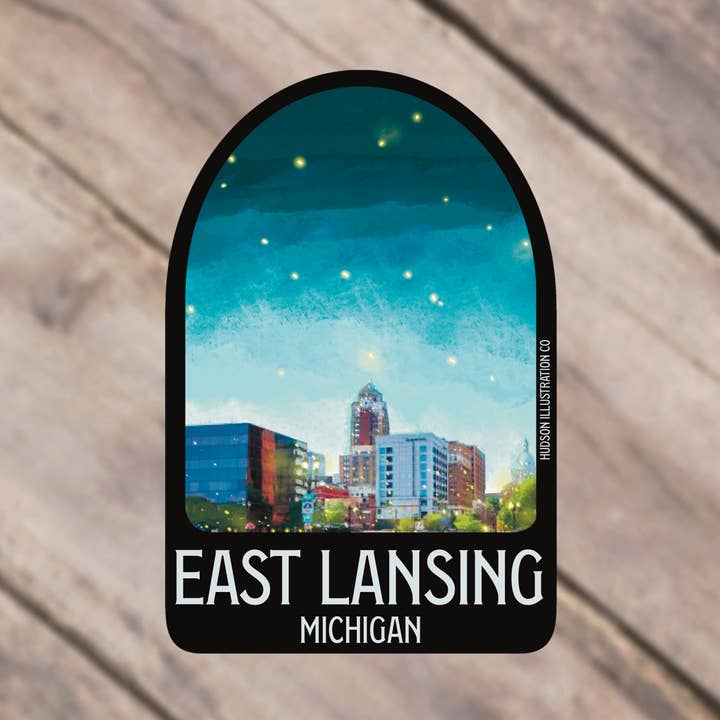 Autocollant/aimant/impression/carte postale East Lansing Michigan pour la vente par Hudson Illustration Co - About Town Co