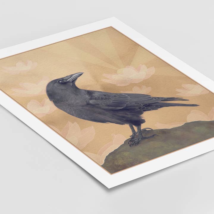 Amy Rose Moore Illustration - Wholesale Art Print - Crow and Lotus Flowers - 8x10 Archival Fine Art Print2
