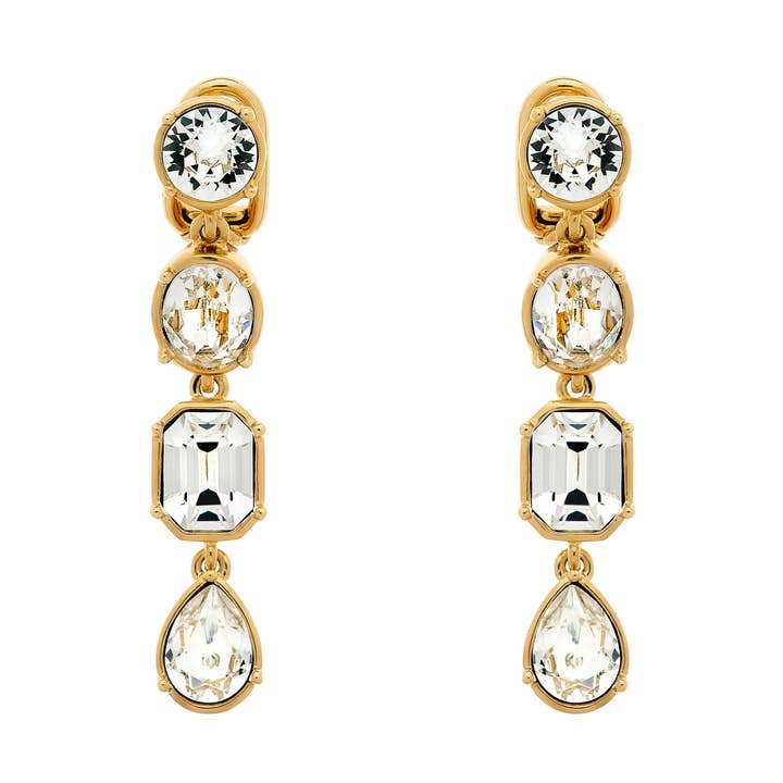Gold & Crystal Statement Drop Clip Earrings for wholesale by Emma Holland