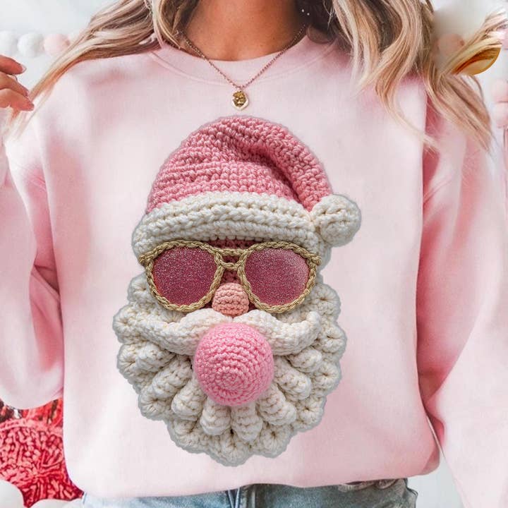 NVC Ecommerce LLC - Wholesale T-Shirt (Graphic) - Women's - Retro Yarn Crochet Santa Claus Shirt, Pink Santa Sweatshirt1